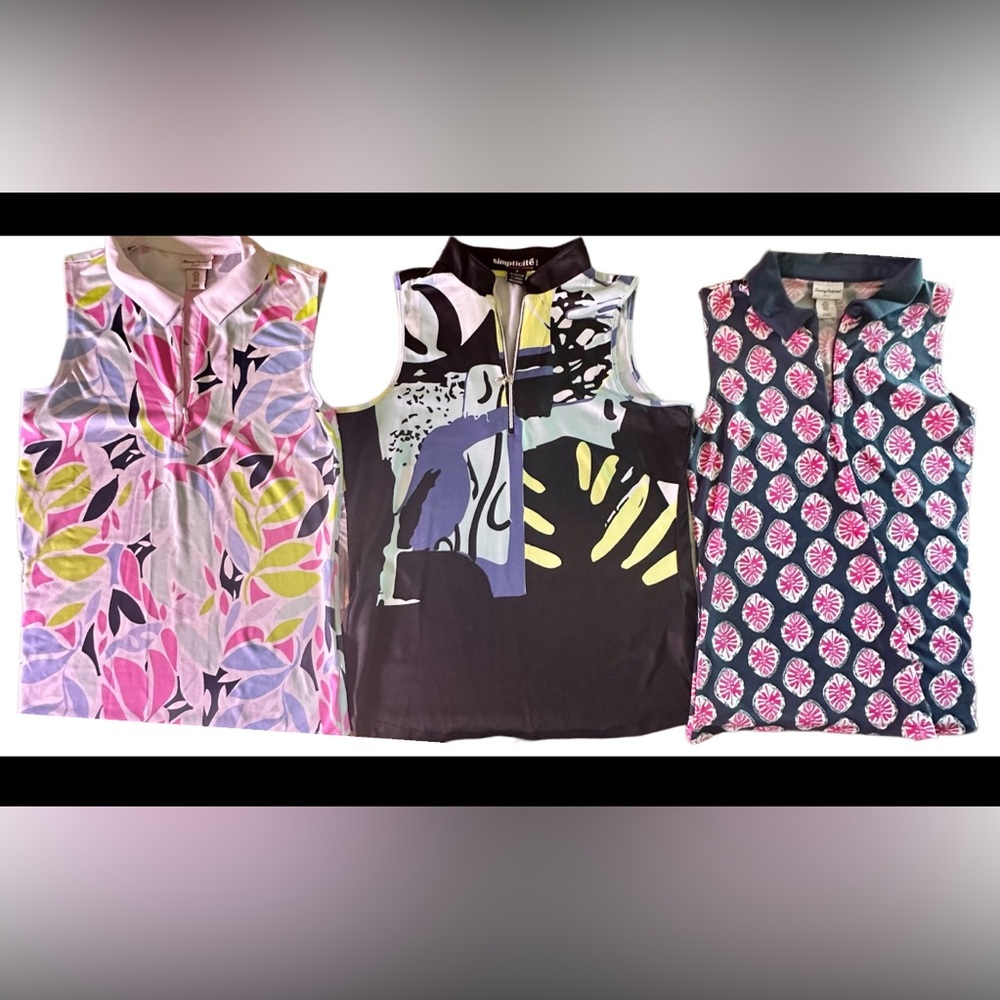 3 golf activewear collared, sleeveless tops. Tommy Bahama & Simplicite . Small .